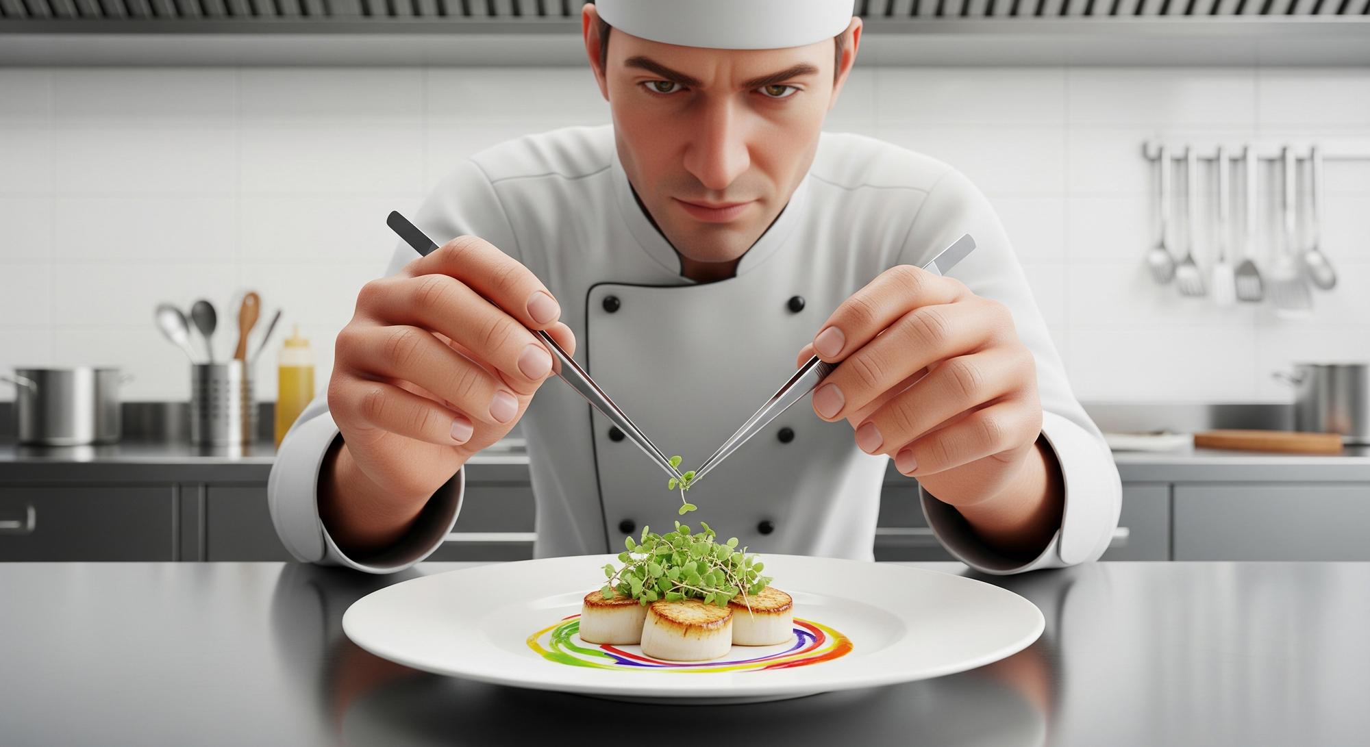 Chef testing modern plating in futuristic kitchen